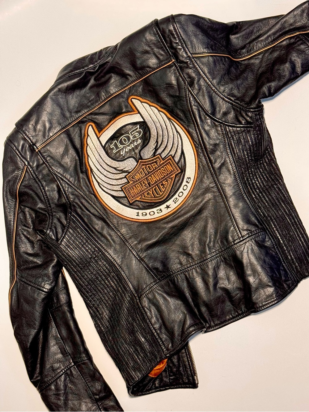 Women’s Harley-Davidson Black Leather Jacket with Orange & White 105 Years Patch